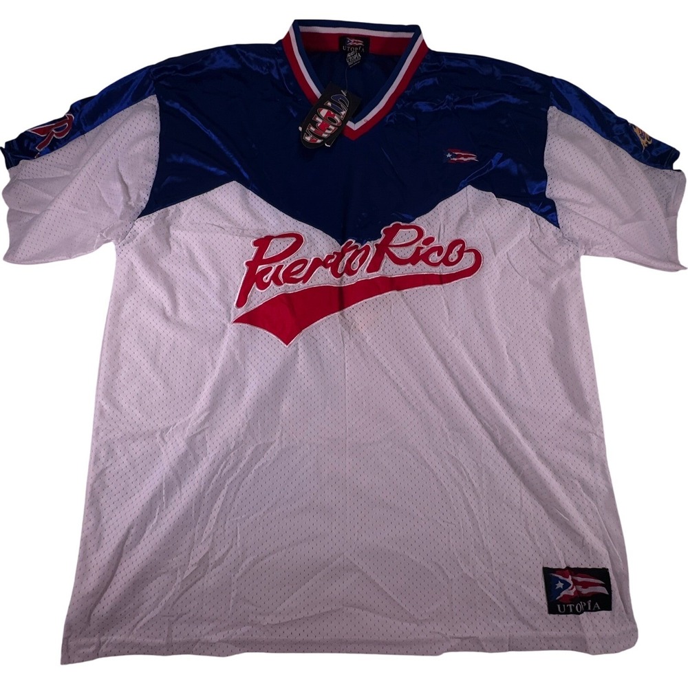 Puerto Rico Utopia Jersey Shirt V Neck‎ Mens XL White Embroidered Y2K VTG NWT